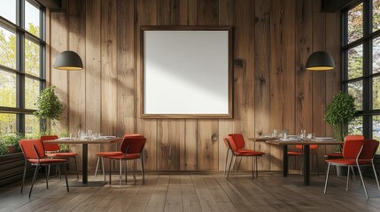 Fototapeta premium Rustic restaurant interior with empty frame, orange chairs, and wooden walls. Perfect for menu design, advertising, or showcasing restaurant ambiance.