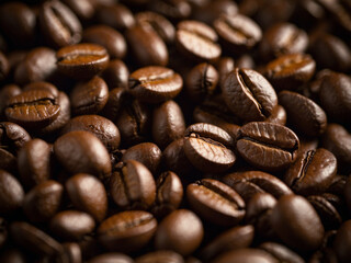 Naklejka premium image of roasted coffee beans with a shallow depth of field, focusing on a single bean prominently placed in the center foreground.
