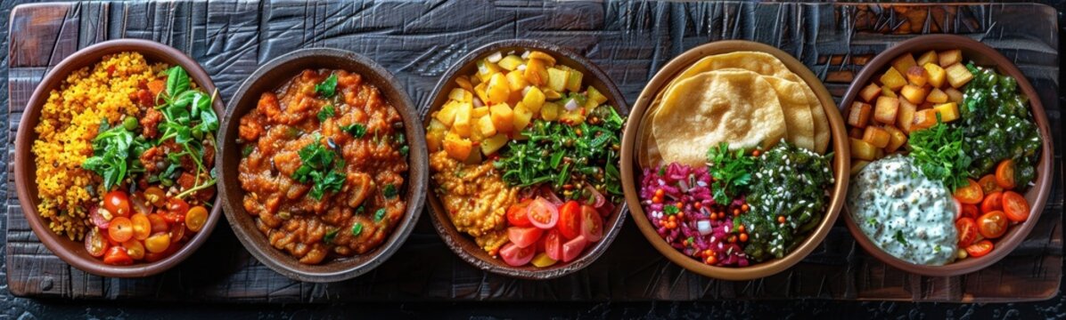 Several bowls of food are lined up on a wooden tray, food background, banner