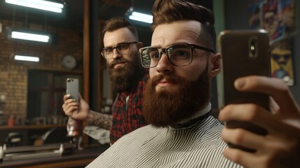 Hipster man client visiting haidresser and hairstylist in barber shop, taking selfie.