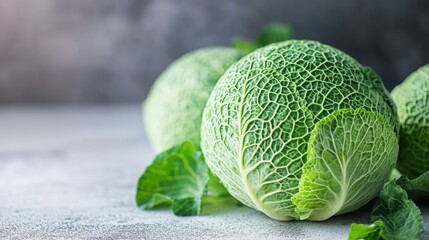 Fototapeta premium Fresh Green Cabbage Heads on Light Background