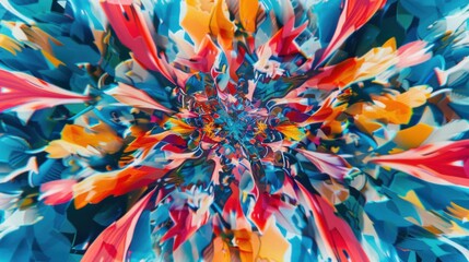 a kaleidoscopic explosion of vivid colors and intricate patterns in an abstract composition, No specific objects, white space in the center of the page for text