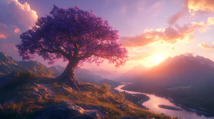 A serene landscape featuring a vibrant purple tree at sunset by a river and mountains.