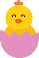 Chick in cracked egg flat vector. 
Cute eggshell chick isolated.
Newborn chick.
Easter icon.
Transparent background.