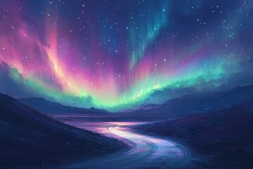 Aurora Borealis Night Sky Illuminates Winding Road Through Serene Winter Landscape Under Starry Majesty
