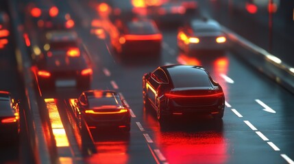 Vehicles with infrared sensor device. Unmanned smart cars in city traffic vector illustration. Sensor car autonomous drive on road city