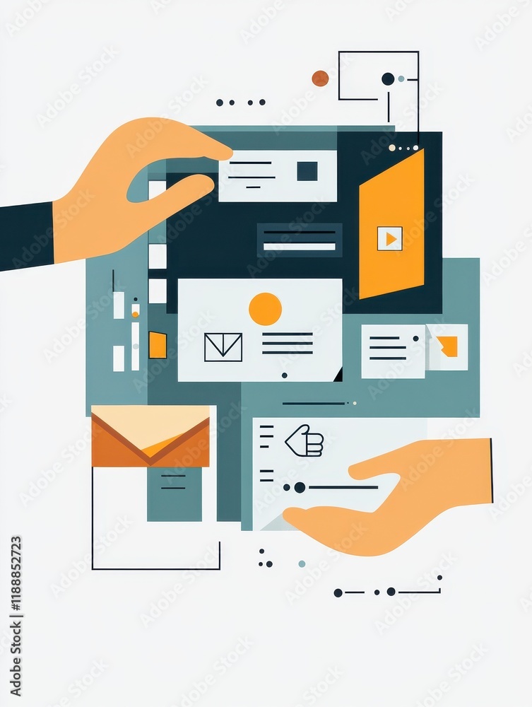 Poster workflow efficiency, flat vector illustration of a drag and drop interaction combined with an add do