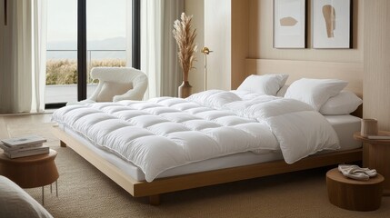 Luxurious white down duvet on a bed. Perfect for showcasing comfort, relaxation, and high-end bedding.