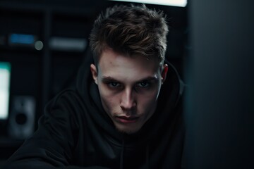 Obraz premium Intense Young Man in Dark Hoodie Staring at Computer Screen