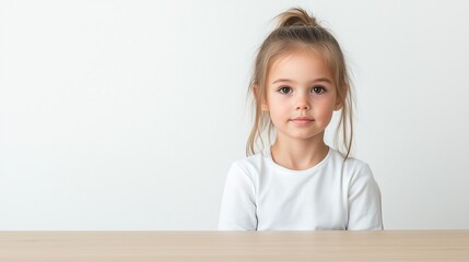 A cheerful 7 year old girl sits behind a wooden table in a well-lit room with space for text. Her joyful expression suggests she is ready for fun activities or playful interactions during the day.