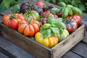 A vibrant display of heirloom tomatoes outdoor market fresh produce photography rustic setting close-up viewpoint emphasizing tomato varieties and their rich colors