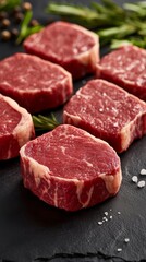 Fototapeta premium An exquisite display features several raw steaks, cut into natural shapes, resting on a dark stone surface with minimal seasoning. Fresh herbs and coarse salt complement the presentation beautifully.