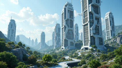 Fototapeta premium Futuristic eco-friendly cityscape with sustainable energy infrastructure.