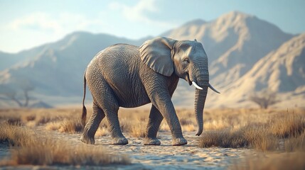 Fototapeta premium Majestic elephant walking in African savanna landscape.