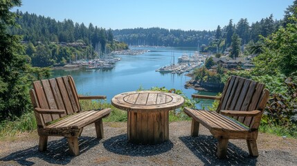 Scenic overlook wooden benches, table, harbor view, summer