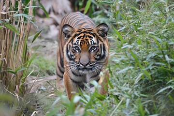 Fototapeta premium Sumatran tiger staring into the lens. with generative ai