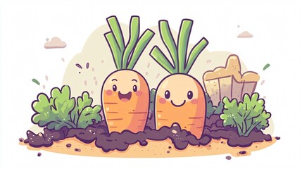Cheerful Kawaii Gardening Cartoon with Planted Carrots Vector Illustration