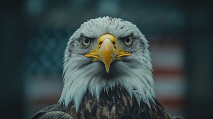 Naklejka premium Close-up portrait of a majestic bald eagle, intense gaze, feathered head and neck, sharp beak, dark eyes, blurred background.
