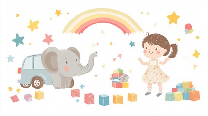 Obraz premium Fun Kids Play Zone with Cute Little Boy and Girl Playing with Blocks, Car, and Elephant