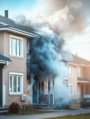 Suburban house fire with smoke billowing from windows in residential neighborhood.