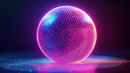 Creative 3d rendering sphere made of neon dots. Global network connection. Globe Grid. Worldwide communication. Futuristic earth globe. Science, technology and illustration on dark backdrop