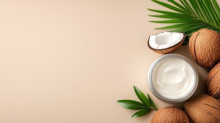 A jar of smooth white cream is placed among whole coconuts and green tropical leaves with space for typing. This serene arrangement suggests natural beauty and skincare, ideal for relaxation.