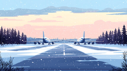 Obraz premium Airfield with planes in a snowy landscape and ample copy space for text
