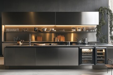 Modern kitchen with stainless steel cabinets and a built-in wine cooler. Ideal for showcasing luxury home design, kitchen appliances, or modern architecture.