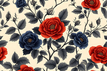 Red blue roses floral seamless pattern textile design
