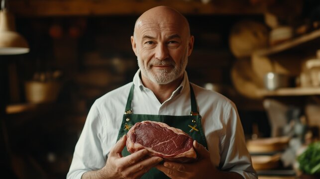 In a rustic butcher shop, an experienced professional holds a vacuum-sealed cut of meat, showcasing quality craftsmanship and skill. The warm, inviting atmosphere highlights his expertise.