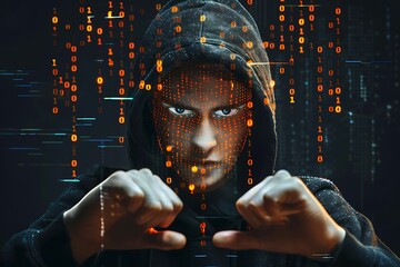 Mysterious Figure in Hoodie with Digital Binary Code Background