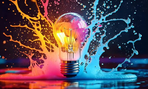 Colorful paint splash exploding on lightbulb