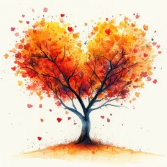 Heart-Shaped Tree with Autumn Leaves and Falling Hearts