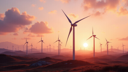 A breathtaking sunrise over a field of wind turbines, symbolizing sustainable green energy.