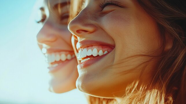 Radiant natural smile captured in warm golden sunlight with perfect white teeth, creating a joyful and authentic moment reflected in mirror, showing genuine happiness.