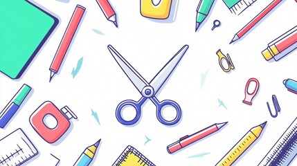 School Tool for Education Study: Colorful Line Art Scissors