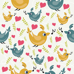 Seamless Cute Bird Pattern with Hearts and Leaves - Vector Kids Design