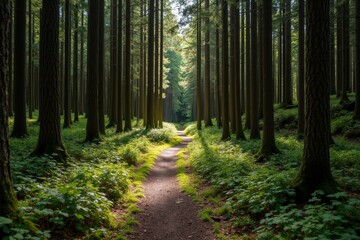 Obraz premium Serene Forest Path Through Dappled Shadows