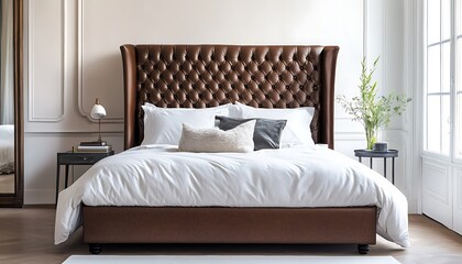 Chic bed with tufted leather headboard, clean white backdrop,