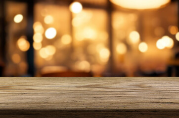 wooden table for placing products with a beautiful bokeh in night restaurant backdrop, Space for placing items on the table, product and food display.