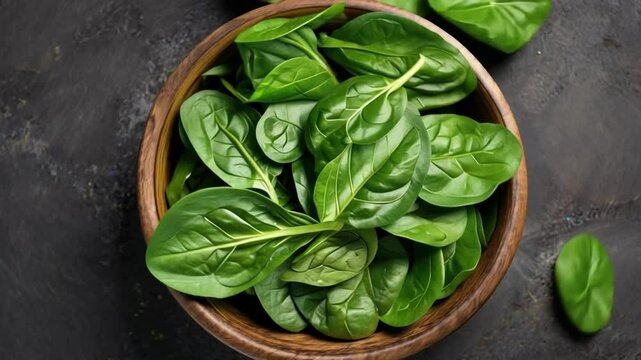 Fresh spinach leaves in wooden bowl, dark background, healthy food recipe
