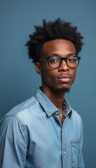 Fototapeta premium A stylish young Black man with glasses poses confidently against a serene blue background, exuding charisma and poise. His denim shirt complements his natural hairstyle, creating a modern and