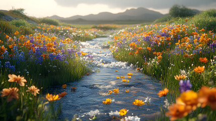 A serene landscape with a flowing stream surrounded by vibrant wildflowers.