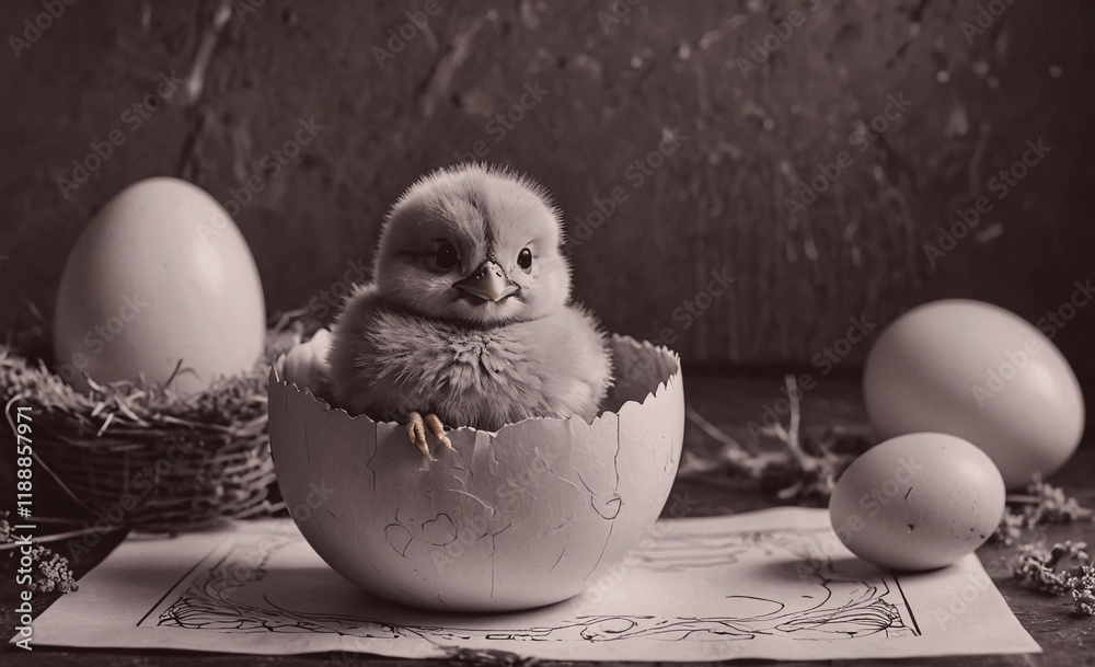 Aufkleber baby chick is sitting in an eggshell. there are two eggs on the table, one of which is cracked open