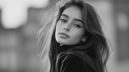 Naklejka premium Profeccional photo, realistic woman model with long hair posing for a photo, long hair, hair photoshoot 