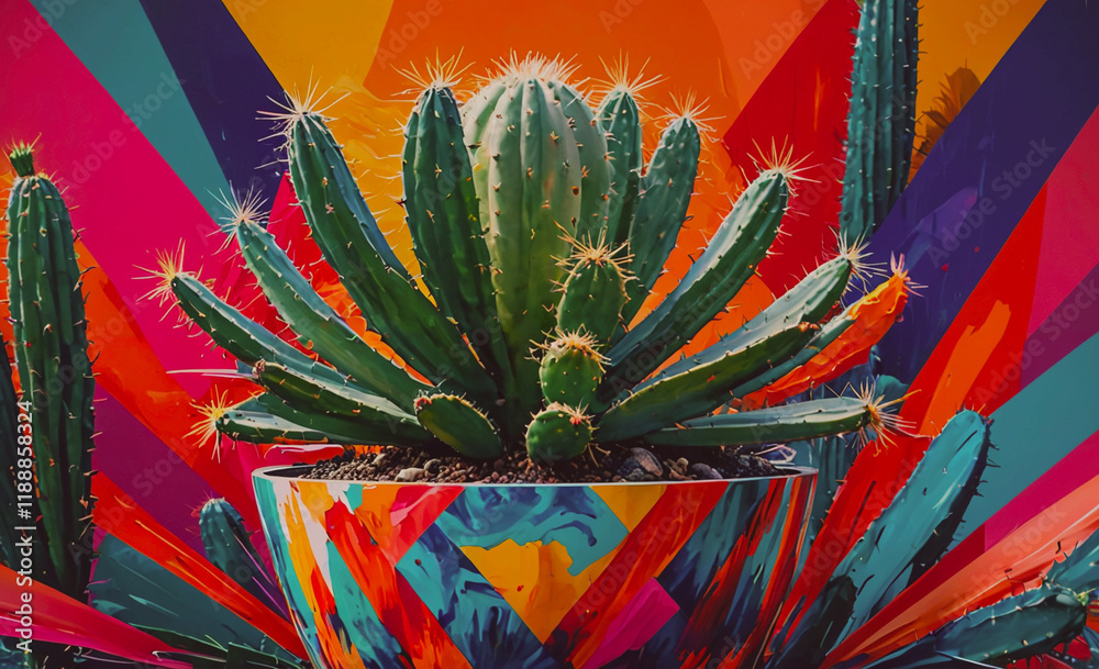 Poster cactus is in a colorful pot. the pot is decorated with different colors