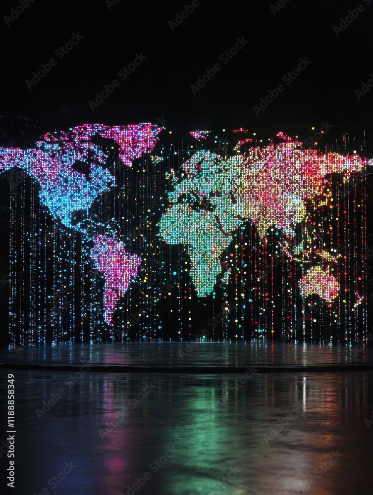 Poster global stats and big data concept with digital graphic colourful dotted world map and indicators on 