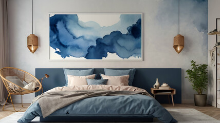 Romantic bedroom interior with blue accents Blue bedspread in blue room,
