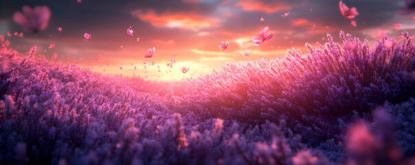 Sunset Lavender Field, Butterflies, Fantasy