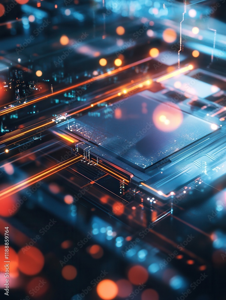 Wall mural close up of notebook with abstract glowing ai chip on blurry background. artificial intelligence and